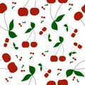 Ripe red cherries with grean leaves on branch in seamless pattern on white.