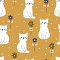 Seamless pattern with cute cartoon cats and flower for fabric print, textile, gift wrapping paper. colorful vector for kids Royalty Free Stock Photo
