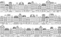 Vector seamless background with townhouses in European style. Hand-drawn houses black on white.