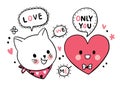 Hand draw cartoon cute Valentine day, White Cat and big heart frindship  vector. Royalty Free Stock Photo