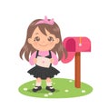 Cute girl holding an envelope love letter concept. Pink traditional mail post. Royalty Free Stock Photo