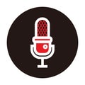 Red and white retro microphone icon or logo isolated on black circle - microphone for radio, music, broadcast or podcast Royalty Free Stock Photo