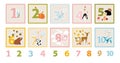 Print. Vector cards with numbers and animals for teaching children to count.