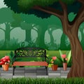 Wooden bench under the big tree in park Royalty Free Stock Photo