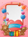 Happy Valentine`s day greeting card with a couple bear and gift