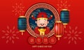 God of wealth wishing Happy Lunar New Year decorated with red and blue lantern. Royalty Free Stock Photo