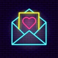 Glowing love letter neon heart in envelope neon style