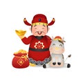 Chinese God of wealth with cute cow. Year of the Ox 2021. Gold coin as symbol of prosperity. Royalty Free Stock Photo