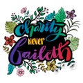 Charity never Faileth. Hand lettering. Motivation Quote.