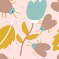 Seamless pattern with cute cartoon flowers, bugs and leaves for fabric print, textile, gift wrapping paper