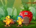 Fantasy strawberry house with happy two chicks Royalty Free Stock Photo