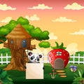 Cartoon panda holding blank sign in the middle of treehouse and strawberry house