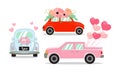 Set of different cars for Valentine event decorated with flowers, heart shape balloons, and rose bouquet.