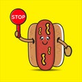 cute mascot hotdog with a stop sign