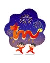 Cute kids perform Chinese dragon dance for Lunar new year festival on the night sky with fireworks.