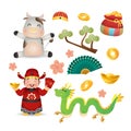 Set of Chinese new year 2021 decoration clip art. God of wealth, cow, gold, coin, dragon. Royalty Free Stock Photo