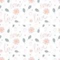 Valentines day seamless pattern with love, amor words decorated with pastel leaves. Greeting cards and gift paper pattern.