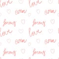 Valentines day seamless pattern with love, amor, and Korean Sarang words. Greeting cards and gift paper pattern.