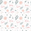 Valentines day seamless pattern with love, amor, and Korean Sarang words decorated with pastel leaves. Greeting cards and gift pap