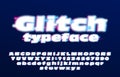 Glitch alphabet font. Glowing letters and numbers.