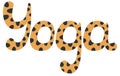 Ocher colored yoga lettering with black spotted leopard or tiger ornaments Isolated cartoon illustration on a white background. Le