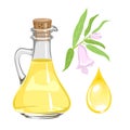 Sesame oil in a glass bottle, drop and flowering plant