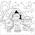 Happy children in a forest camping site at night. Vector black and white coloring page Royalty Free Stock Photo