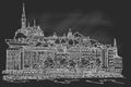 Vector sketch of Budapest cityscape with Buda castle and Danube river