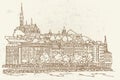 Vector sketch of Budapest cityscape with Buda castle and Danube river Royalty Free Stock Photo