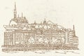 Vector sketch of Budapest cityscape with Buda castle and Danube river