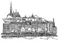 Vector sketch of Budapest cityscape with Buda castle and Danube river