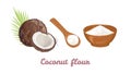 Coconut flour in a wooden spoon, bowl and coconut isolated