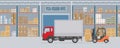 Delivery truck and forklift truck in warehouse hangar interior. Warehouse Equipment, cargo delivery, storage service.