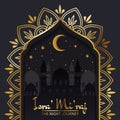 Isra Miraj celebration greeting card in black and gold theme.