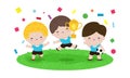 Children soccer team hold gold cup. Funny cartoon character Isolated on white background  Vector illustration. Royalty Free Stock Photo