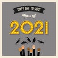 2021 graduation card or banner with graduates throwing mortarboard caps in the air.