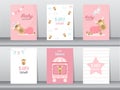 Set of baby shower invitation cards,poster,template,greeting,cute ,bear,animal,Vector illustrations Royalty Free Stock Photo