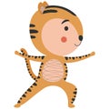 Funny single cute tiger in yoga asana warrior Virabhadrasana 2 on a white background. For printing on baby products, fabric, cloth