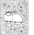 Hand drawing monochrome birds with flowers color page.