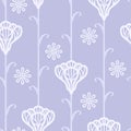 Seamless pattern with light flowers and leaves on purple background. Vector floral illustration. Royalty Free Stock Photo