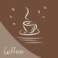 White cup of hot coffee on a brown background with hand-written text