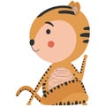 Cartoon tiger yogi sitting in half lord of fish pose with half twist of the spine Ardha Matsyendrasana on a white background.