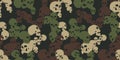 Camo seamless pattern with skulls. Camouflage in green colors. Military vector background for your design.