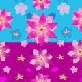 PrintSeamless Hand Drawn Cherry Blossom  Flower Petal  Decorative Leaves on Pink and Blue Background. Royalty Free Stock Photo