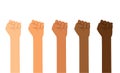 Different skin colors fist hands rise up. Empowering, Labor day, humans right, fight concept