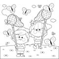 Children with butterfly nets catching butterflies. Vector black and white coloring page Royalty Free Stock Photo