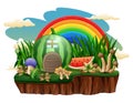 Illustration of watermelon house with a rainbow on the island Royalty Free Stock Photo