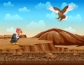 Cartoon a ostrich bird and eagle in the dry land