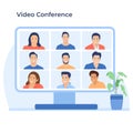 Stay and work from home. Video conference illustration. Workplace, laptop screen, group of people talking by internet.