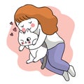 Woman hug cat hand draw cartoon cute vector. Royalty Free Stock Photo